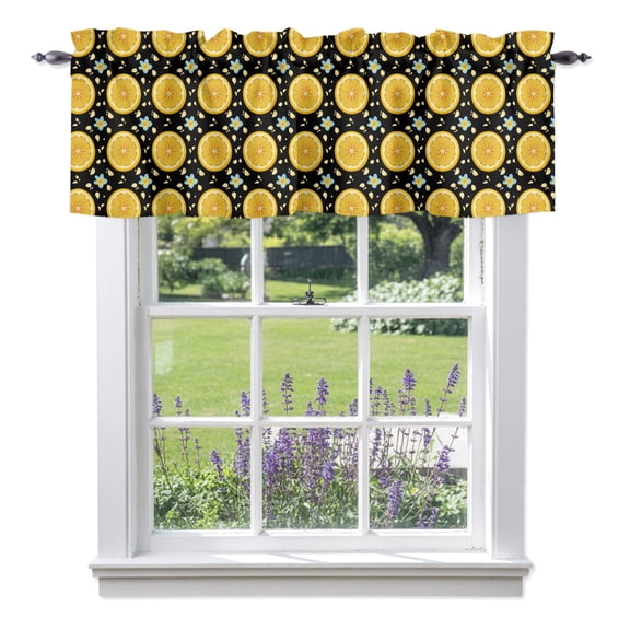 Yellow Lemon Rounds Valances for Windows, Summer Fruit Rustic Floral Black Rod Pocket Valance Short Window Treatments Curtains for Kitchen Bathroom Bedroom Decor, 42 x 12 Inches