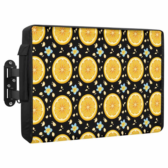 Yellow Lemon Rounds Waterproof Outdoor TV Cover, Summer Fruit Rustic Floral Black Outside Weatherproof TV Enclosures for 30 to 32 Inch LCD Television Shield Flat Screen Protectors