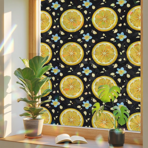 Yellow Lemon Rounds Window Privacy Film, Summer Fruit Rustic Floral Black Stained Glass Rainbow Film Decorative Window Clings, Static Cling Sun Blocking Stickers 17.7" x 39.3"