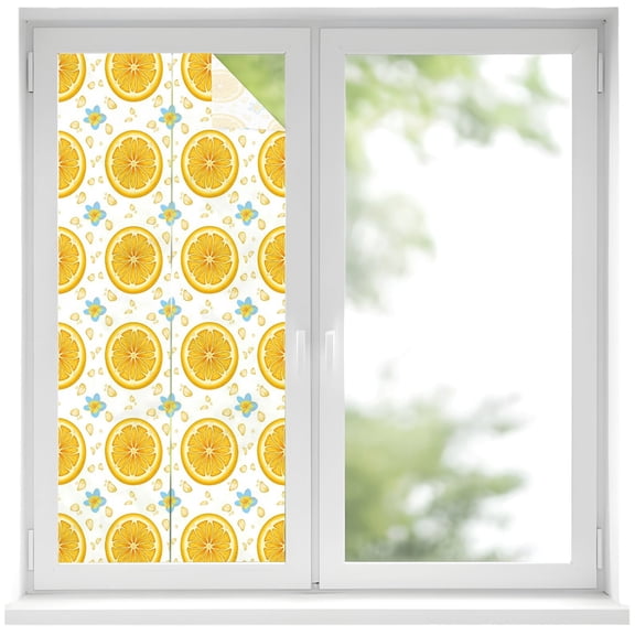 Yellow Lemon Rounds Window Privacy Film, Summer Fruit Rustic Floral Minimalist Frosted Glass Window Clings Static Cling UV Heat Blocking Reusable Door Sticker for Bathroom 17.7 x 39.3 Inch