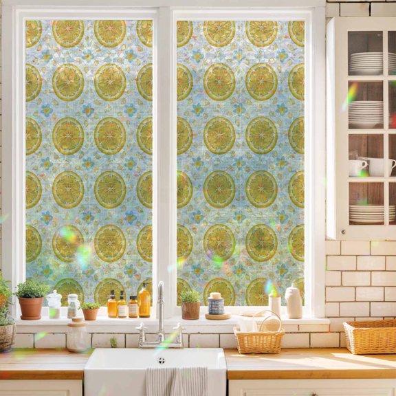 Yellow Lemon Rounds Window Privacy Film Summer Fruit Rustic Floral Vintage Static Cling Stained Glass Window Film Non-Adhesive Decorative Decals Rainbow Sticker 17.7"X39.3"