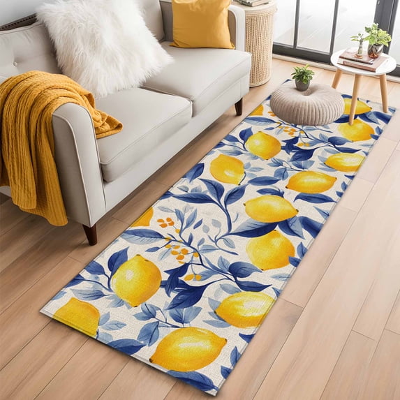 Yellow Lemon Runner Rug 2x6 FT,Non Slip Hallway Rugs,Blue Leaf Vintage Botanical Summer Spring Washable Soft Floor Carpet Throw Runner Carpet Long Rugs for Entryway Kitchen Bedside Sliding Door
