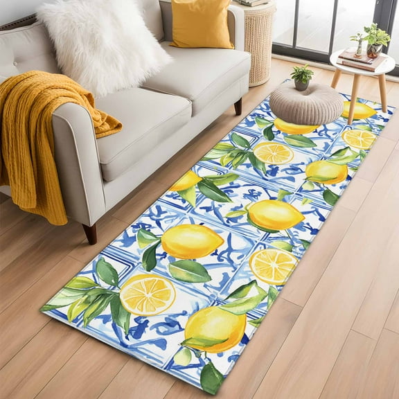 Yellow Lemon Runner Rug 2x6 FT,Non Slip Hallway Rugs,Botanical Spring Leaves Abstract Blue Tile Washable Soft Floor Carpet Throw Runner Carpet Long Rugs for Entryway Kitchen Bedside Sliding Door