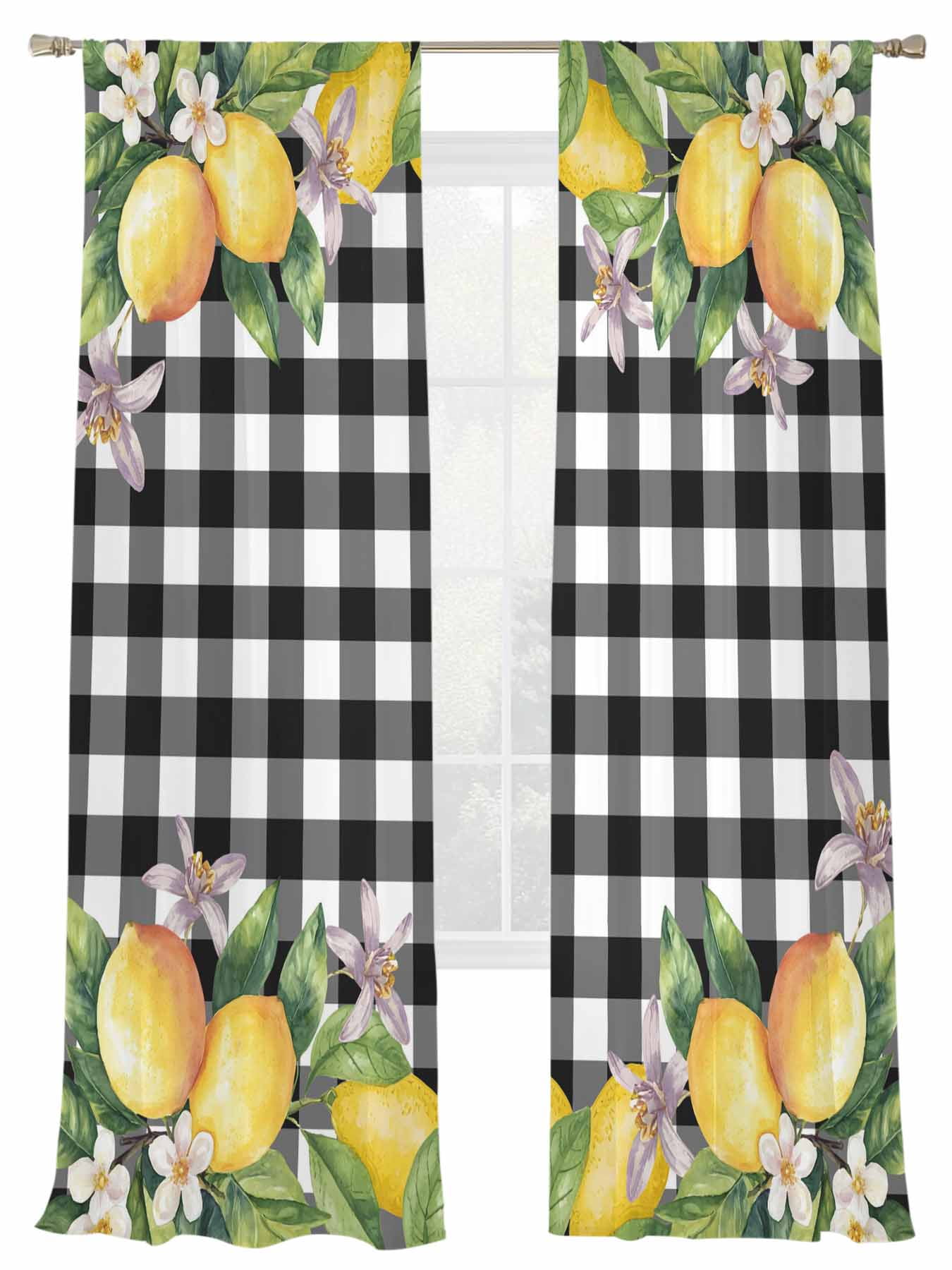 Yellow Lemon Sheer Curtains 2 Panels Set Black White Plaid Leaf Pink ...
