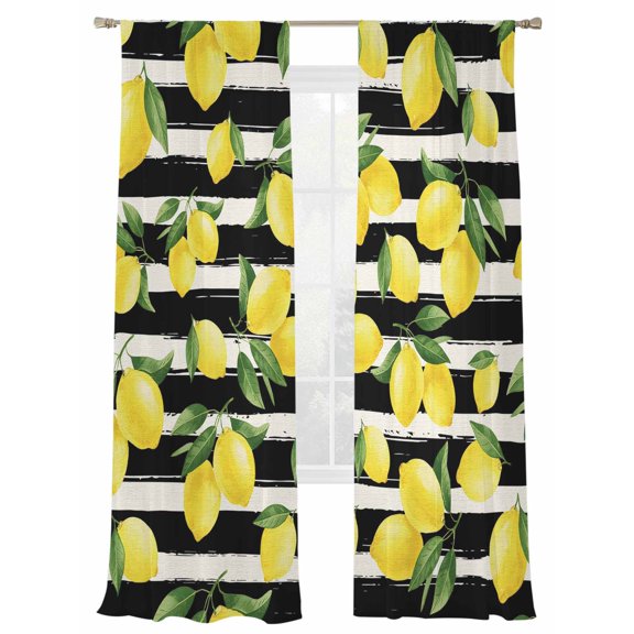 Yellow Lemon Sheer Curtains 2 Panels Set Summer Fruit Black White Striped Country Sheer Window Curtains Light Filtering Rod Pocket Voile Drapes for Bedroom Living Room 52"X108"