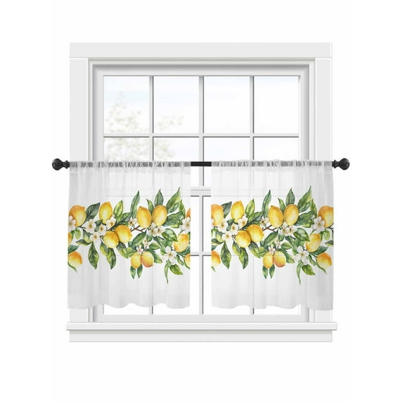 Yellow Lemon Sheer Curtains 45 Inch Length 2 Panels Set, Semi Transparent Voile Rod Pocket Curtains for Living Dining Room Bedroom Drapes Simple Spring Botanical Fruit Leaves Flower
