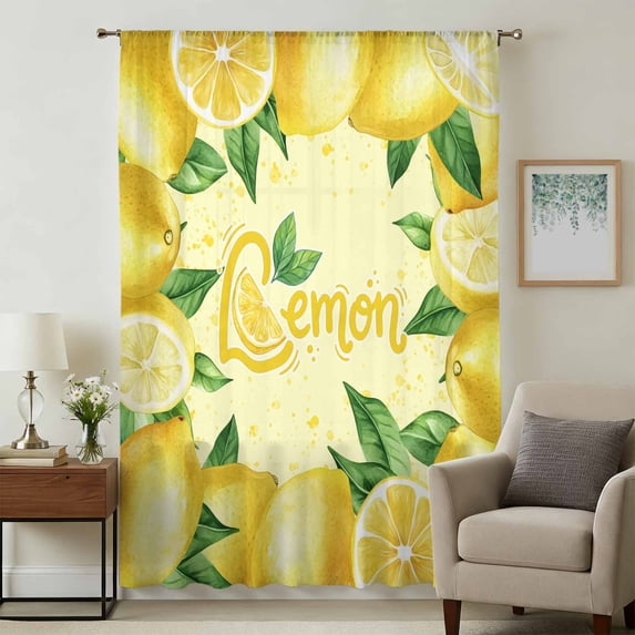 Yellow Lemon Sheer Curtains 45 Inches Long, Summer Botanical Lemons Cute Yellow Light Filering Curtains, Breathable Simi Curtain Privacy Drapes for Kitchen Bathroom Lightweight Small Window Treatment