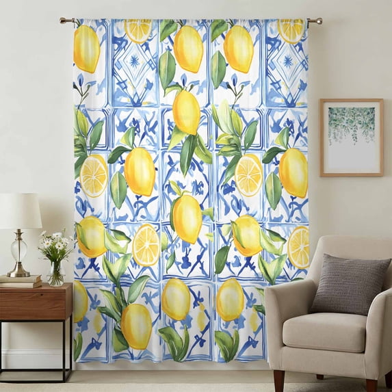 Yellow Lemon Sheer Curtains 54 Inches Long, Botanical Spring Leaves Abstract Blue Tile Light Filering Curtains, Breathable Simi Curtain Privacy Drapes for Kitchen Bathroom Small Window Treatment