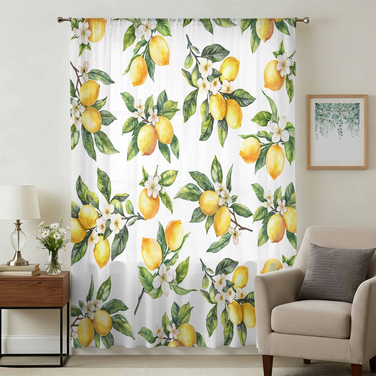 Yellow Lemon Sheer Curtains 54 Inches Long, Farmhouse Spring Botanical ...