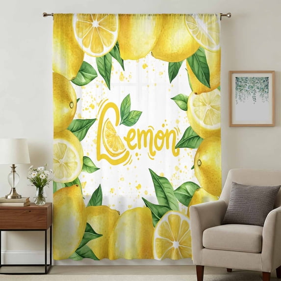 Yellow Lemon Sheer Curtains 54" Long, Summer Botanical Lemons Cute Light Filering Curtains, Breathable Simi Curtain Privacy Drapes for Kitchen Bathroom Nursery Lightweight Small Window Treatment