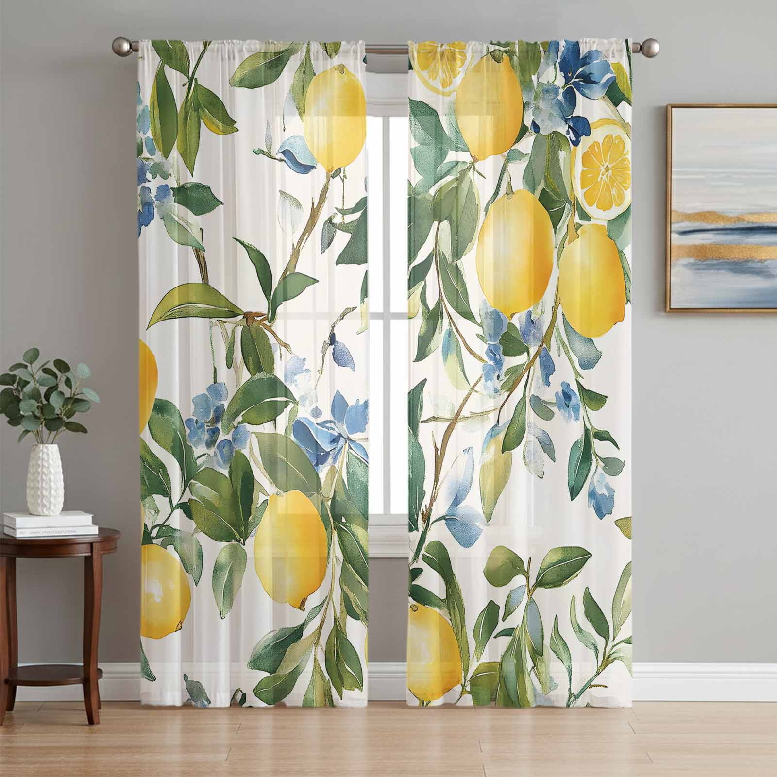 Yellow Lemon Sheer Curtains 63 Inch Length 2 Panels Set, Green Leaf ...