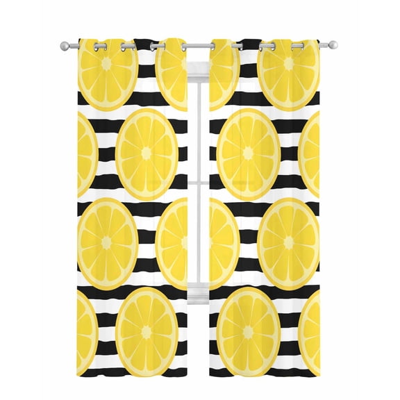Yellow Lemon Sheer Curtains 63 Inch Length 2 Panels Set for Living Room/Bedroom, Summer Botanical Fruits Black White Stripes Kitchen Curtains Grommet Semi-Sheer Curtains Window Treatments 42"x63"x2