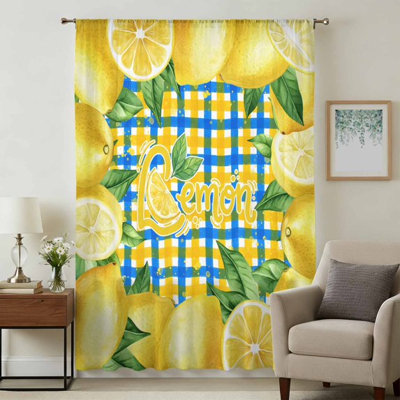 Yellow Lemon Sheer Curtains 63 Inches Long, Summer Botanical Blue Yellow Buffalo Plaid Light Filering Curtains, Breathable Simi Curtain Privacy Drapes for Living Room Bedroom Window Treatment