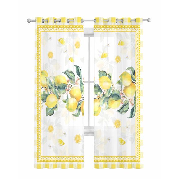 Yellow Lemon Sheer Curtains 84 Inch Length 2 Panels Set for Living Room/Bedroom, Summer Botanical Plaid Elegant Pastoral Kitchen Curtains Grommet Semi-Sheer Curtains Window Treatments 52"x84"x2
