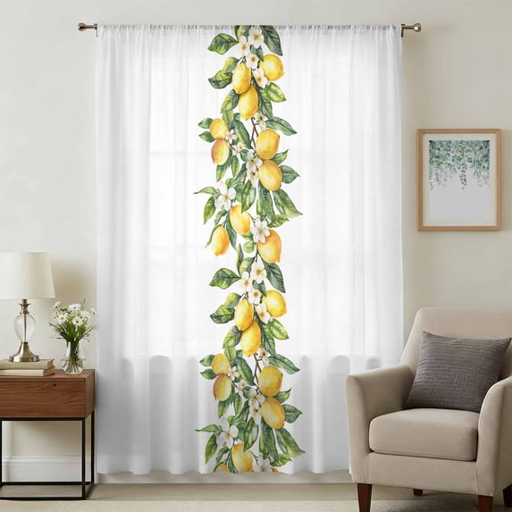 Yellow Lemon Sheer Curtains 84 Inches Long, Simple Spring Botanical Fruit Leaves Flower Light Filering Curtains, Breathable Simi Curtain Privacy Drapes for Living Room Bedroom Window Treatment