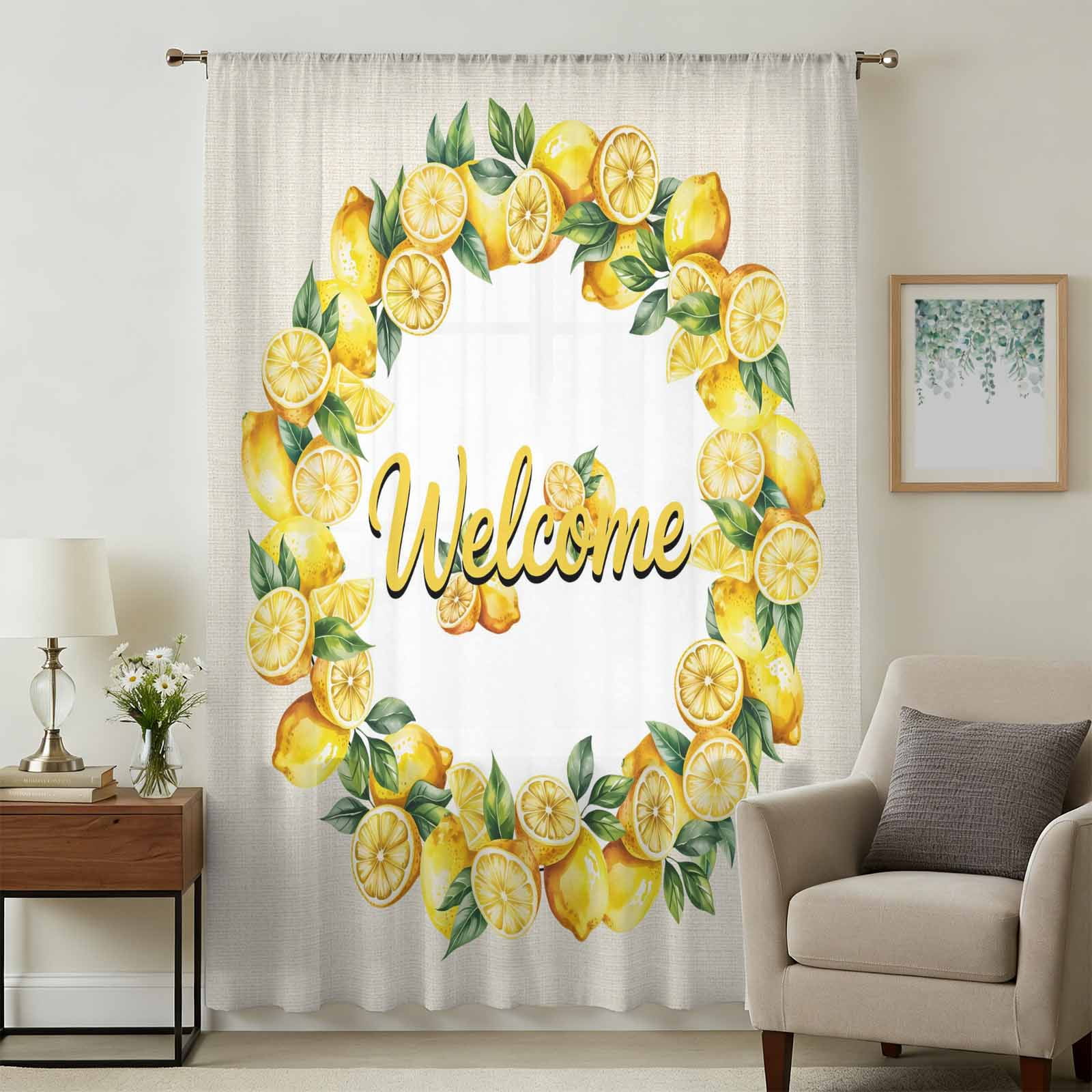 Yellow Lemon Sheer Curtains 96 Inches Long, Farmhouse Summer Fruit ...
