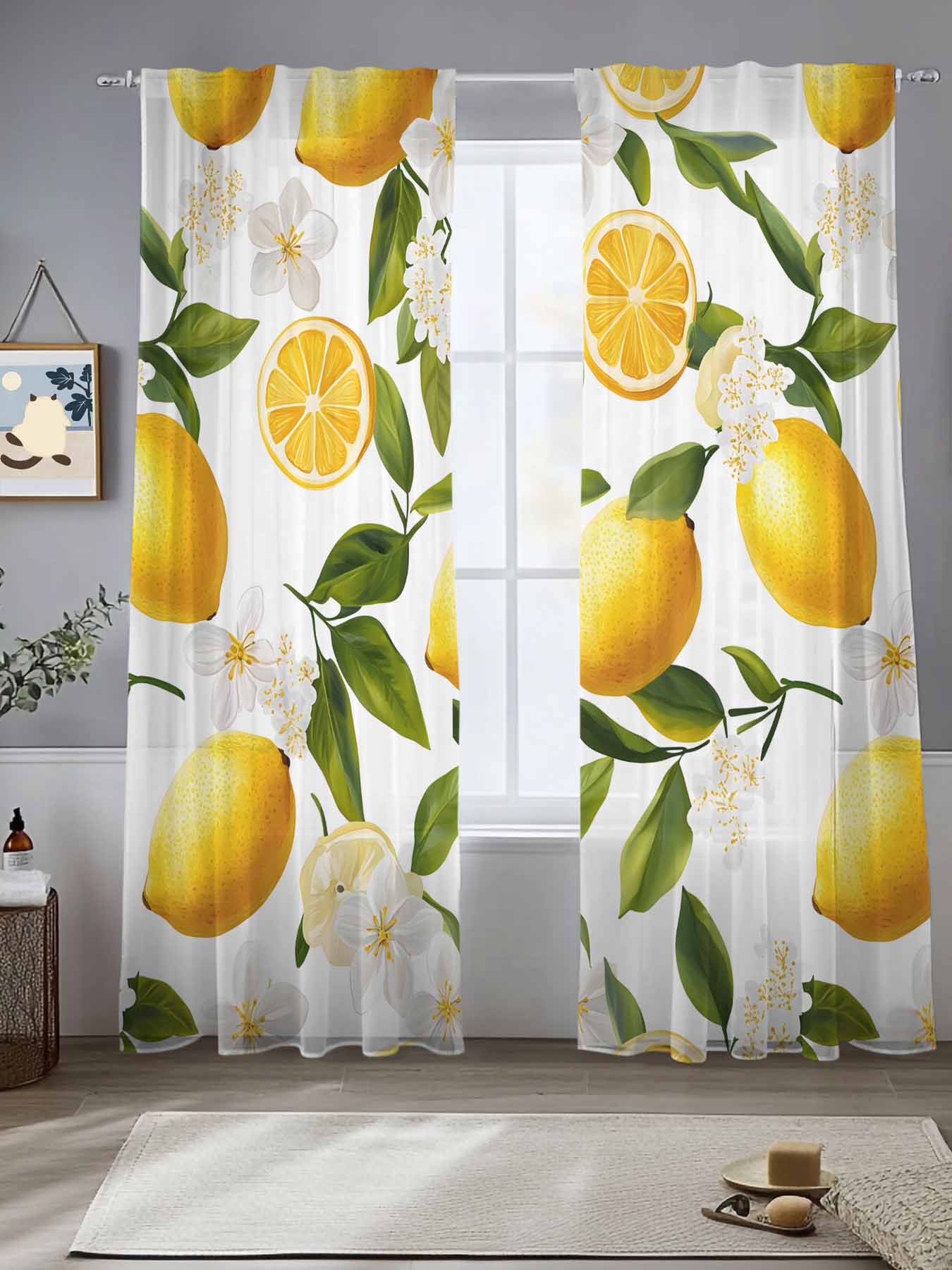 Yellow Lemon Sheer Curtains for Living Room Bedroom Blooming Floral ...