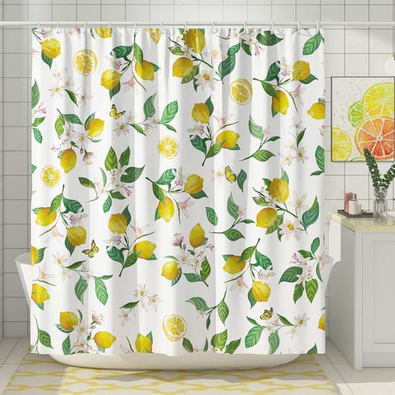 Yellow Lemon Shower Curtain Fruit Shower Curtain Green Leaf Shower Curtain Floral Plant Shower Curtain Polyester 72x72 Inch