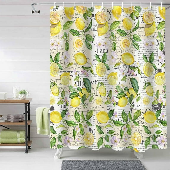 Yellow Lemon Shower Curtain, Green Leaves Plant Shower Curtain Set with Hooks, Spring Summer Waterproof Fabric Shower Curtains for Bathroom Decor, 72x72 Inch Bath Curtain