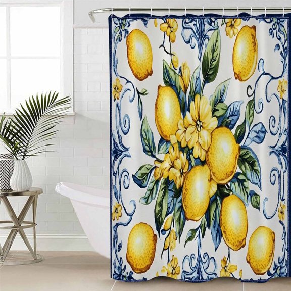 Yellow Lemon Shower Curtain Set, Waterproof Shower Curtains for Bathroom, Middle Century Blue Italian Textured Washable Fabric Cloth Bath Curtain for Bathtub Decoration with Hooks 66x72 Inches