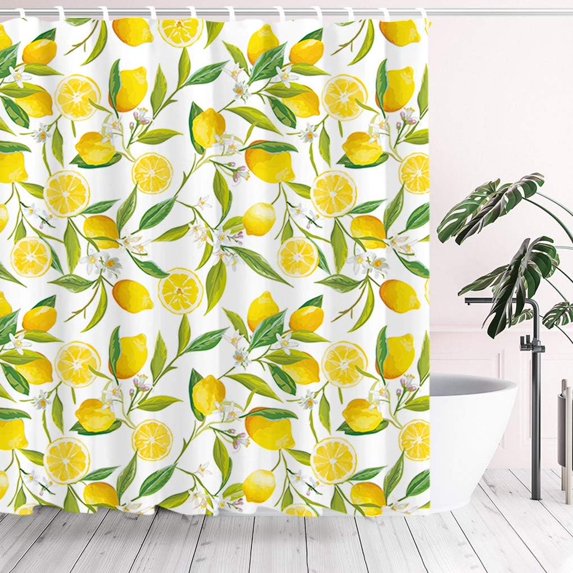 Yellow Lemon Shower Curtain Sets Fresh Fruit Waterproof Polyester Fabric 71X 71 Inch Bathroom Decor with Hooks