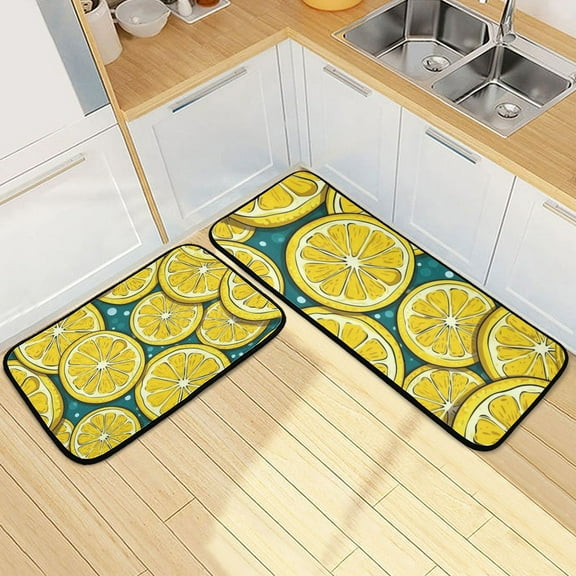 Yellow Lemon Slice Kitchen Mats Non Slip Standing Desk Mat Runner Rug Washable Kitchen Rugs for Floor 2PCS