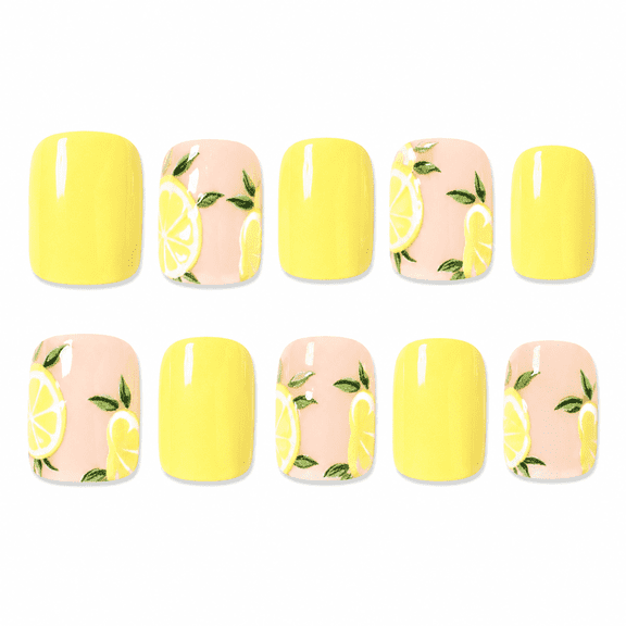 Yellow Lemon Slice Press on Toenails, Short Square Glossy Fake Toenails for Summer Pedicure, 10 Count