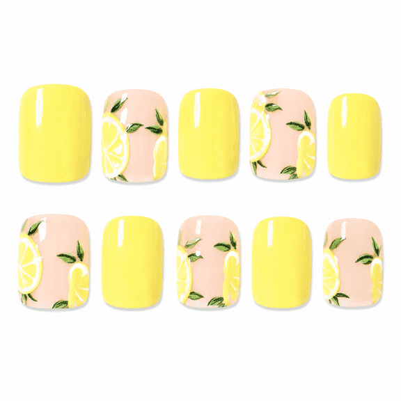 Yellow Lemon Slice Press on Toenails, Short Square Glossy Fake Toenails for Summer Pedicure, 10 Count