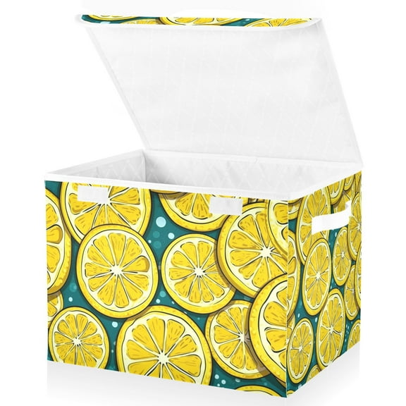 Yellow Lemon Slice Storage Basket for Shelves Foldable Container Organizer for Organizing Toys Clothes Books with Handles