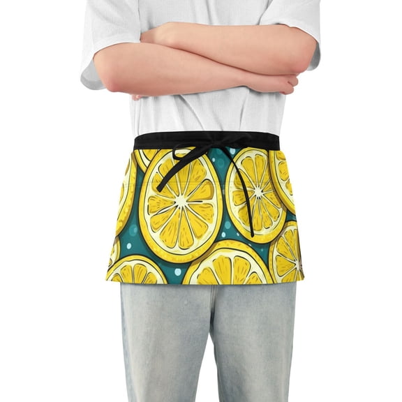 Yellow Lemon Slice Waist Apron Adjustable Server Half Apron Kitchen Cooking with 3 Pockets for Men Women