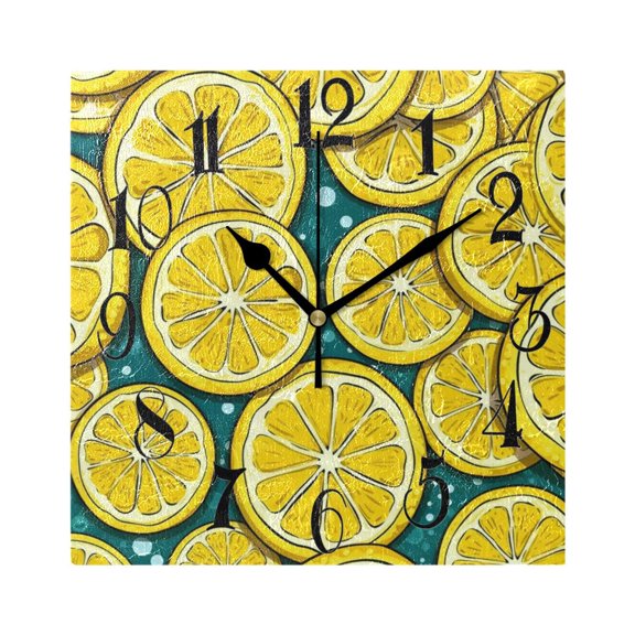 Yellow Lemon Slice Wall Clock Decorative Square Silent Non-Ticking Operated Clocks Aesthetic for Bedroom Living Room