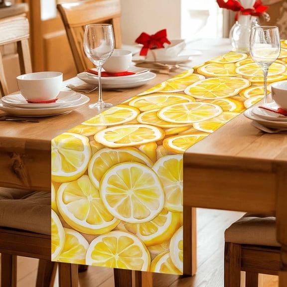 Yellow Lemon Slice Watercolor Table Runner 36 Inches Long,Kitchen Dining Tablerunners Summer Fruit Linen Table Runners Dresser Scarves for Home Dinner Wedding Holiday Party Decor