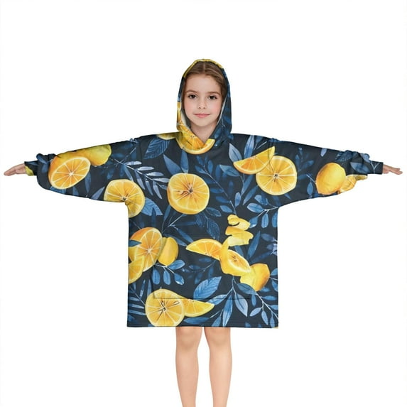 Yellow Lemon Slices DarkBlue Pattern Blanket Hoodies for Kids 6-13YR Oversize Wearable Blanket Hoodies for Boys Girls Teens