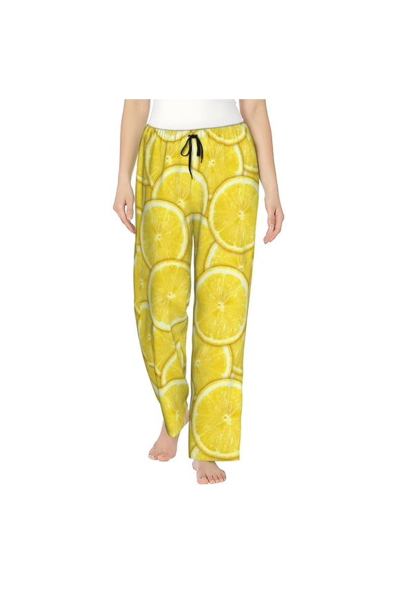 Yellow Lemon Slices Fruit Women's Comfy Pajama Pants With Pockets,Soft Stretch Drawstring Lounge Pants, Soft Casual Wide Leg Pjs Sleep Bottoms Xx-Large