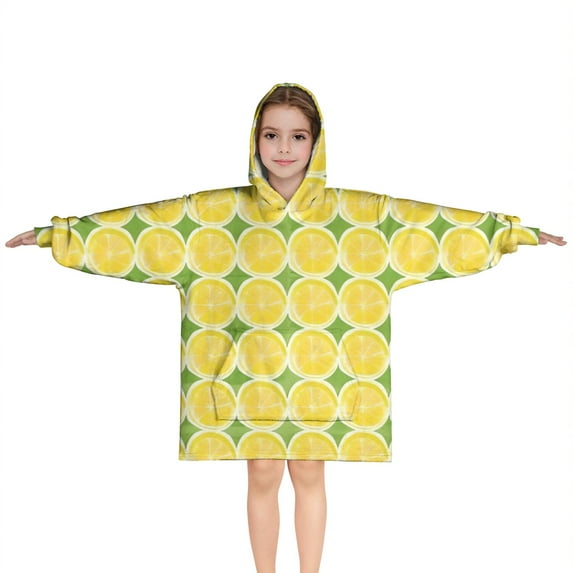 Yellow Lemon Slices Green Pattern Blanket Hoodies for Kids 6-13YR Oversize Wearable Blanket Hoodies for Boys Girls Teens