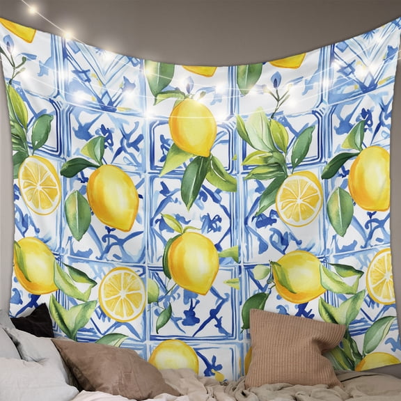 Yellow Lemon Small Tapestry for Bedroom Wall Hanging Tapestry,Botanical Spring Leaves Abstract Blue Tile Ceiling Backdrop Tapestries Poster Blanket Wall Decor for Teens Room Living Room 23" x 28"