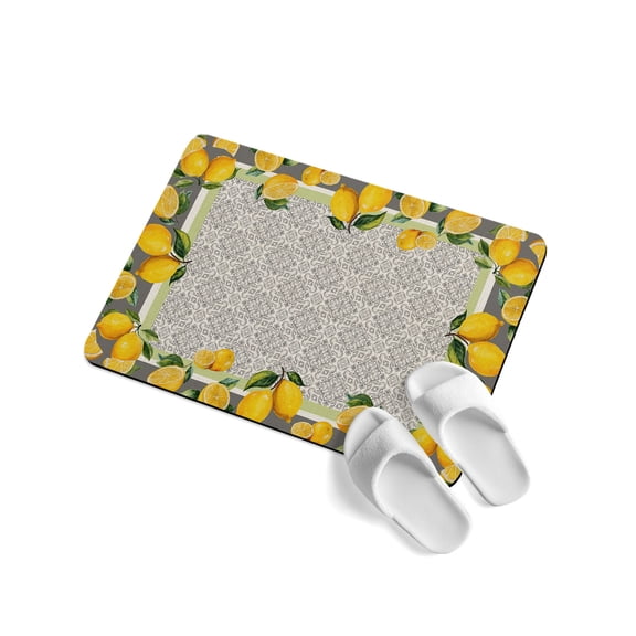 Yellow Lemon Soft Diatomaceous Earth Mat, Watercolor Fruit Farm Brown Flower Pattern Background Absorbent Bath Mat Non Slip Rubber Backed Quick Dry Doormat Fit Under Door for Bathroom Kitchen 18"x30"