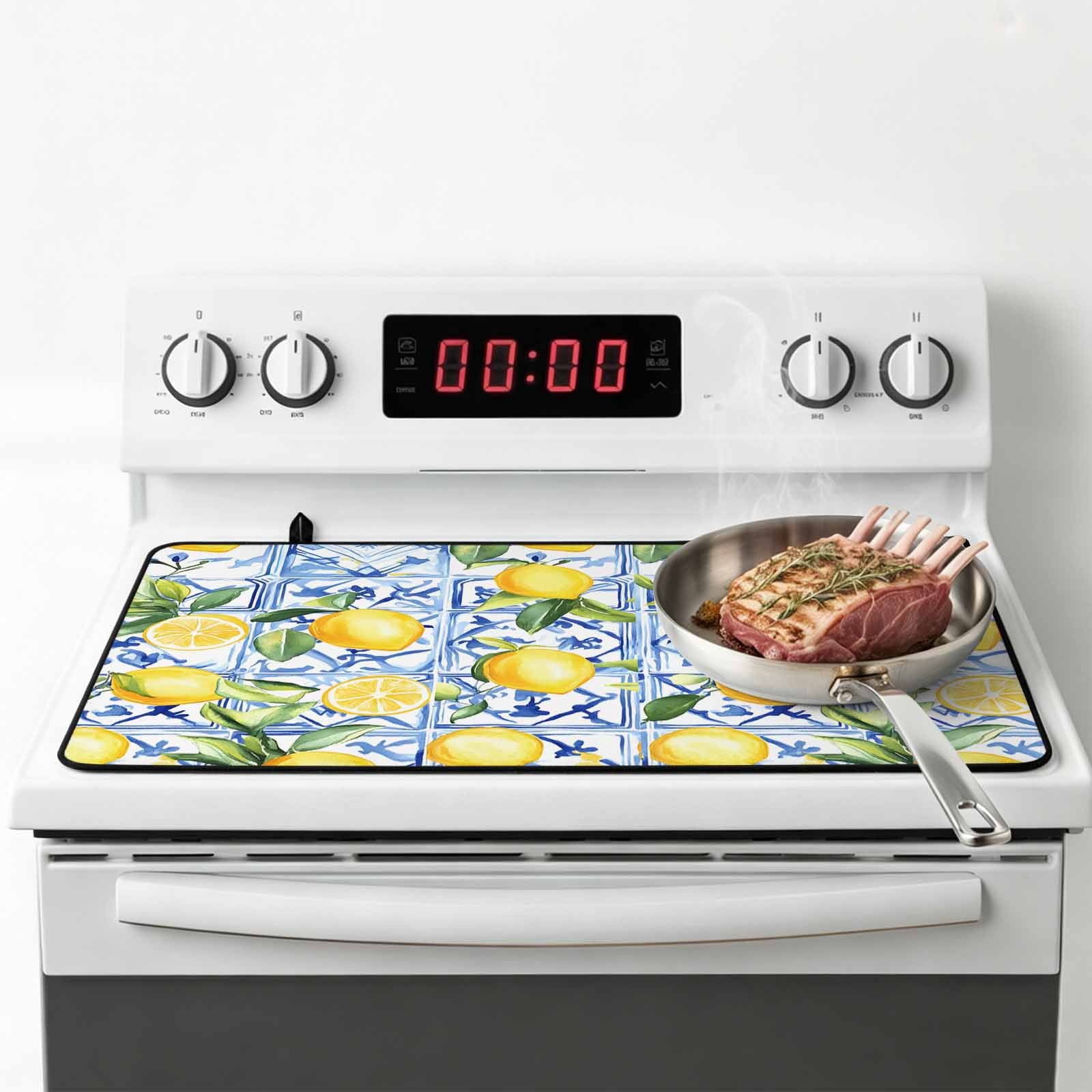 Yellow Lemon Stove Top Cover for Electric Stove, Heat-proof & Non Slip Glass Top Stove Cover Protector, Botanical Spring Leaves Abstract Blue Tile Kitchen Flat Cooktop Rubber Mat 24x21 Inches