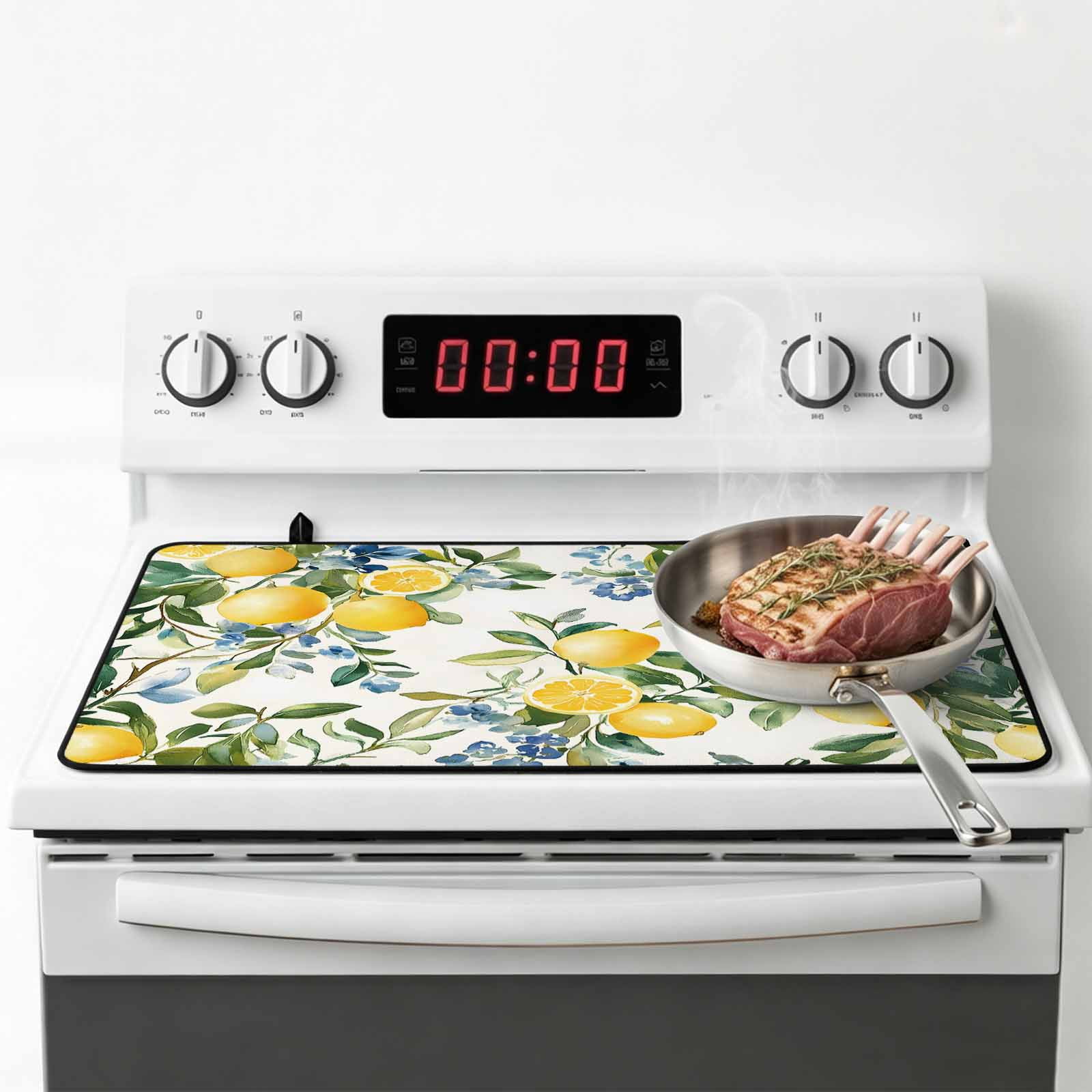 Yellow Lemon Stove Top Cover for Electric Stove, Heat-proof & Non Slip Glass Top Stove Cover Protector, Green Leaf Blue Flower Tropical Fruit Kitchen Flat Cooktop Rubber Mat 24x21 Inches