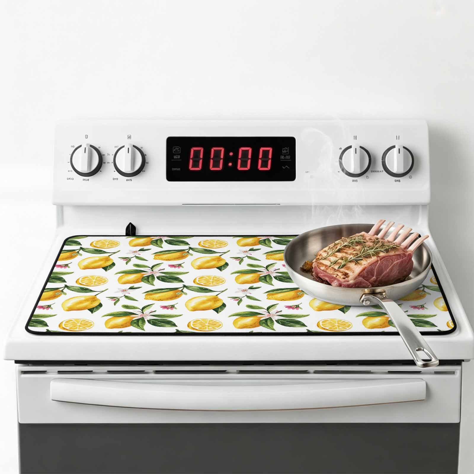 Yellow Lemon Stove Top Cover for Electric Stove, Heat-proof & Non Slip Glass Top Stove Cover Protector, Tropical Green Leaf Pink Floral Fruit Kitchen Flat Cooktop Rubber Mat 24x21 Inches