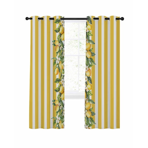 Yellow Lemon Stripes Blackout Curtains, Light Blocking Print Window Curtains, Summer Spring Fruit Flowers Leaves Thermal Insulated Window Drapes for Living Room Kitchen Cafe 2 Panels, 55"W x 39"L