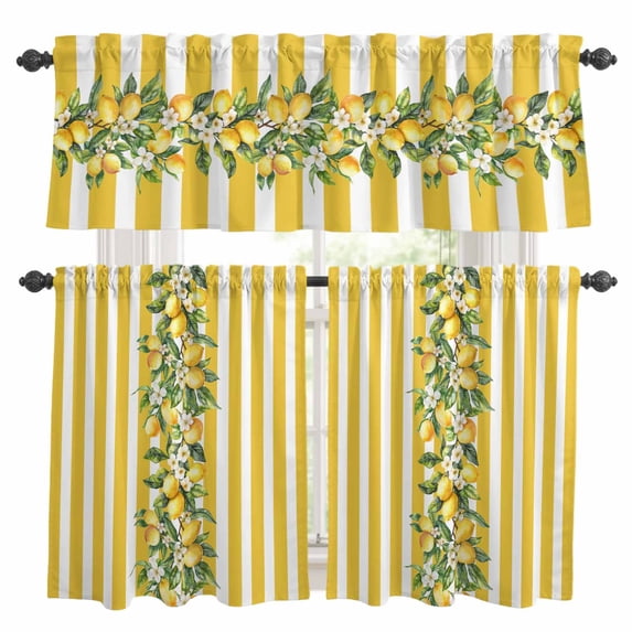 Yellow Lemon Stripes Kitchen Curtains Sets for Windows 24 Inch Length, Summer Spring Fruit Flowers Leaves Rod Pocket Window Treatments Tier Curtains and Valances Set for Bedroom/Bathroom