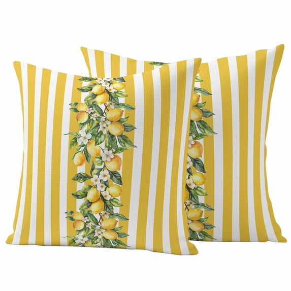 Yellow Lemon Stripes Outdoor Waterproof Pillow Covers, Summer Spring Fruit Flowers Leaves Decorative Square Throw Pillowcase Sofa Cushion Sham for Patio/Couch/Chair, 16"x16" 2 Pack