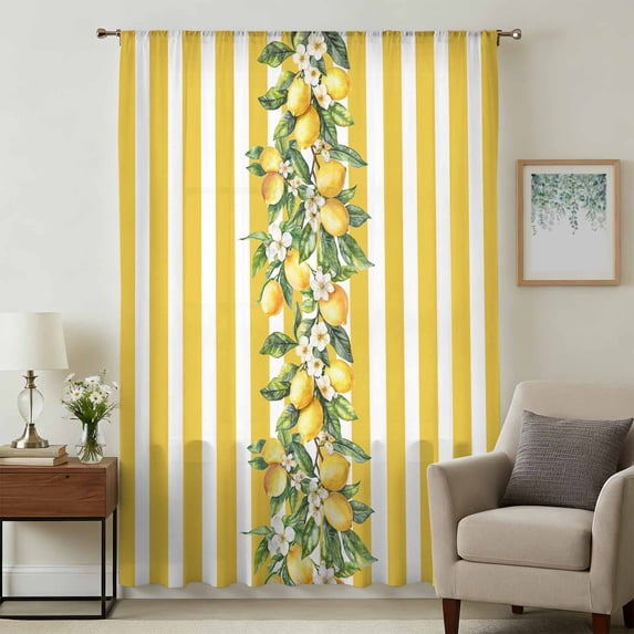 Yellow Lemon Stripes Sheer Curtains 72 Inches Long, Summer Spring Fruit Flowers Leaves Light Filering Curtains, Breathable Simi Curtain Privacy Drapes for Living Room Bedroom Window Treatment
