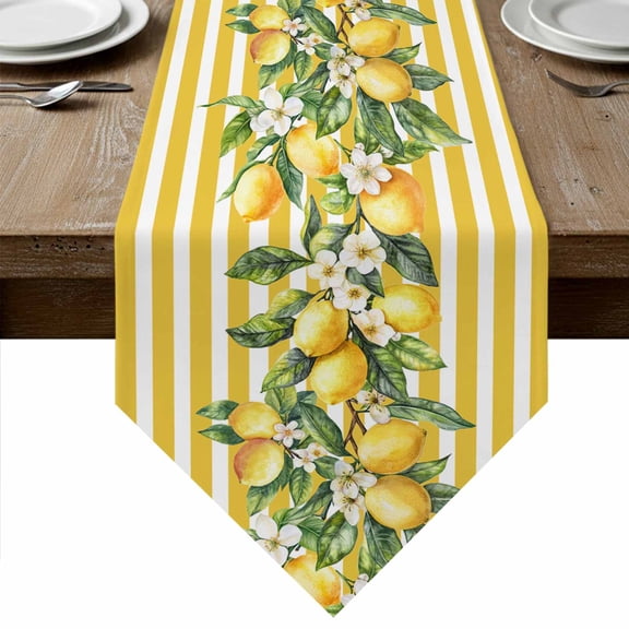 Yellow Lemon Stripes Table Runner Linen Burlap Table Runner 120 Inches Long Summer Spring Fruit Flowers Leaves Dresser Scarves for Kitchen Island Coffee Dining Party Wedding Holiday Decor 13"x120"