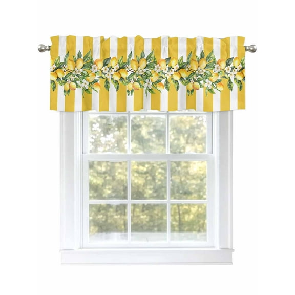 Yellow Lemon Stripes Valances for Windows, Rod Pocket Kitchen Valance Curtains - Soft & Washable Small Window Treatment for Living Room, Bathroom, Floral Fruit Leaves 54x18inch, 1 Panel