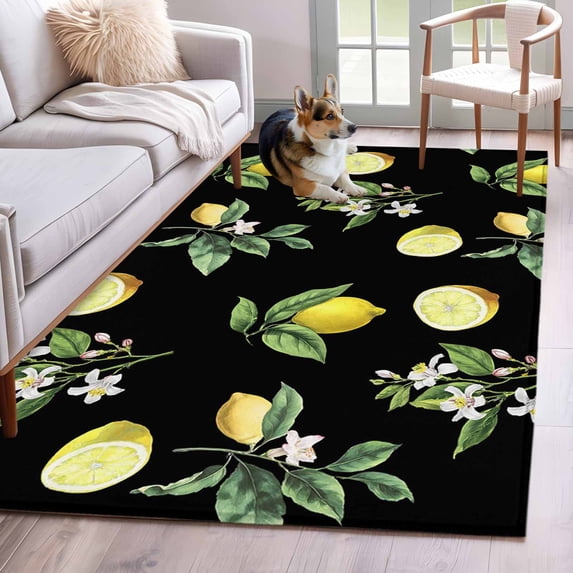 Yellow Lemon Summer Area Rugs 2.7'x5', Washable Small Throw Rugs for Kitchen Bedroom, Farmhouse Tropical Fruit Black Indoor Outdoor Rug Non-Slip Low Pile Carpet Runner Reversible Floor Mats