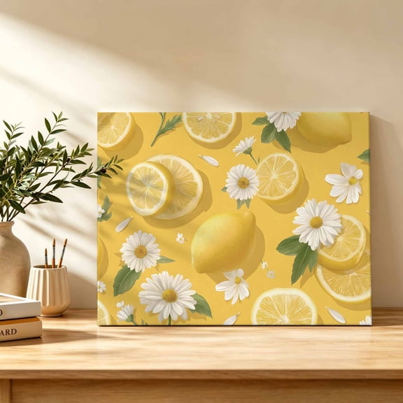 Yellow Lemon Summer Canvas Wall Art, White Daisy Farmhouse Flowers Country Fruit Wall Art Prints Artwork Framed Canvas Ready to Hang Art Pictures for Bathroom Bedroom Entry Desk Corner 10" x 8"