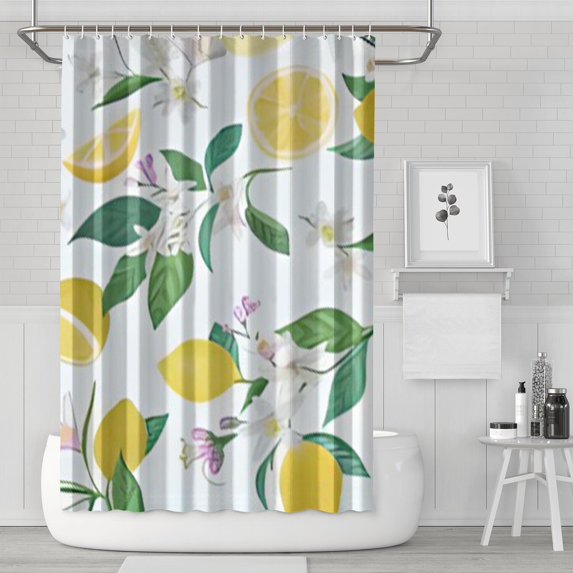 Yellow Lemon Summer Floral Shower Curtain 72x72, Quick-Dry Polyester for Bathroom, Retro Cute Fruit Pattern with Hooks, I Love Lemons Theme