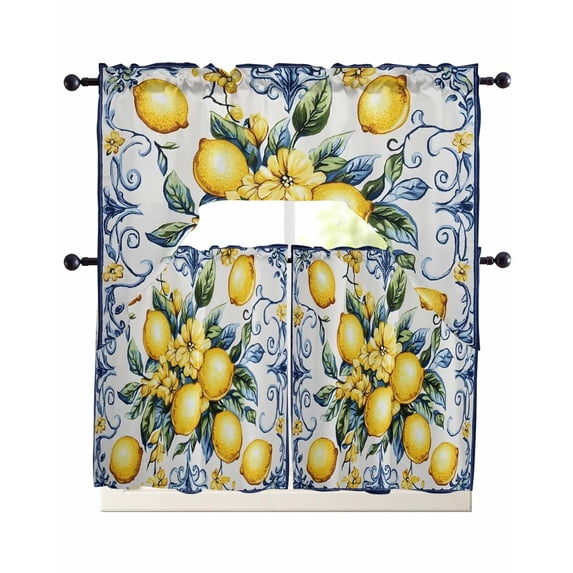 Yellow Lemon Swag Kitchen Curtains Sets for Windows 24 Inch Length, Middle Century Blue Italian Textured Short Window Curtain Panels Swags Valances and Tiers 3 Piece Set for Cafe/Dining Room